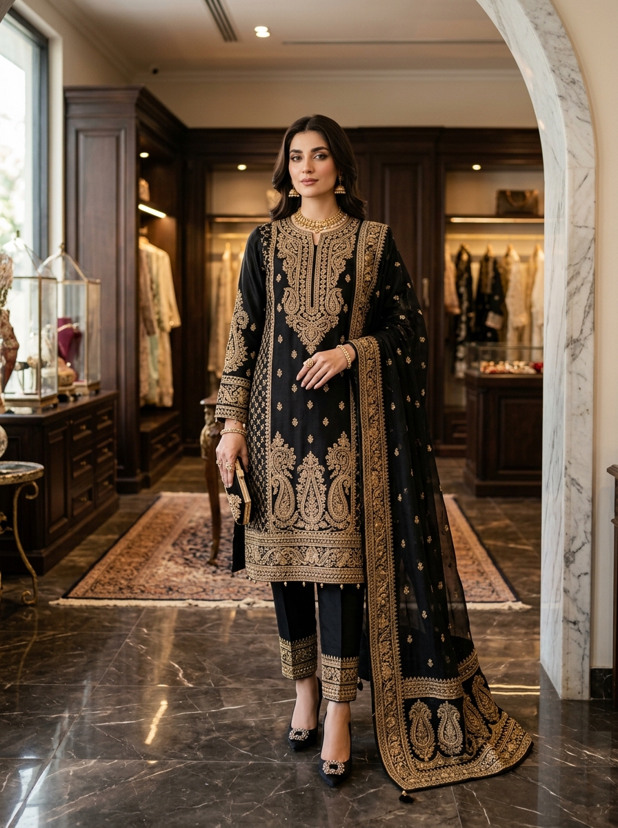 Shahi Siyah Royal Black & Gold Embroidered Shalwar Kameez