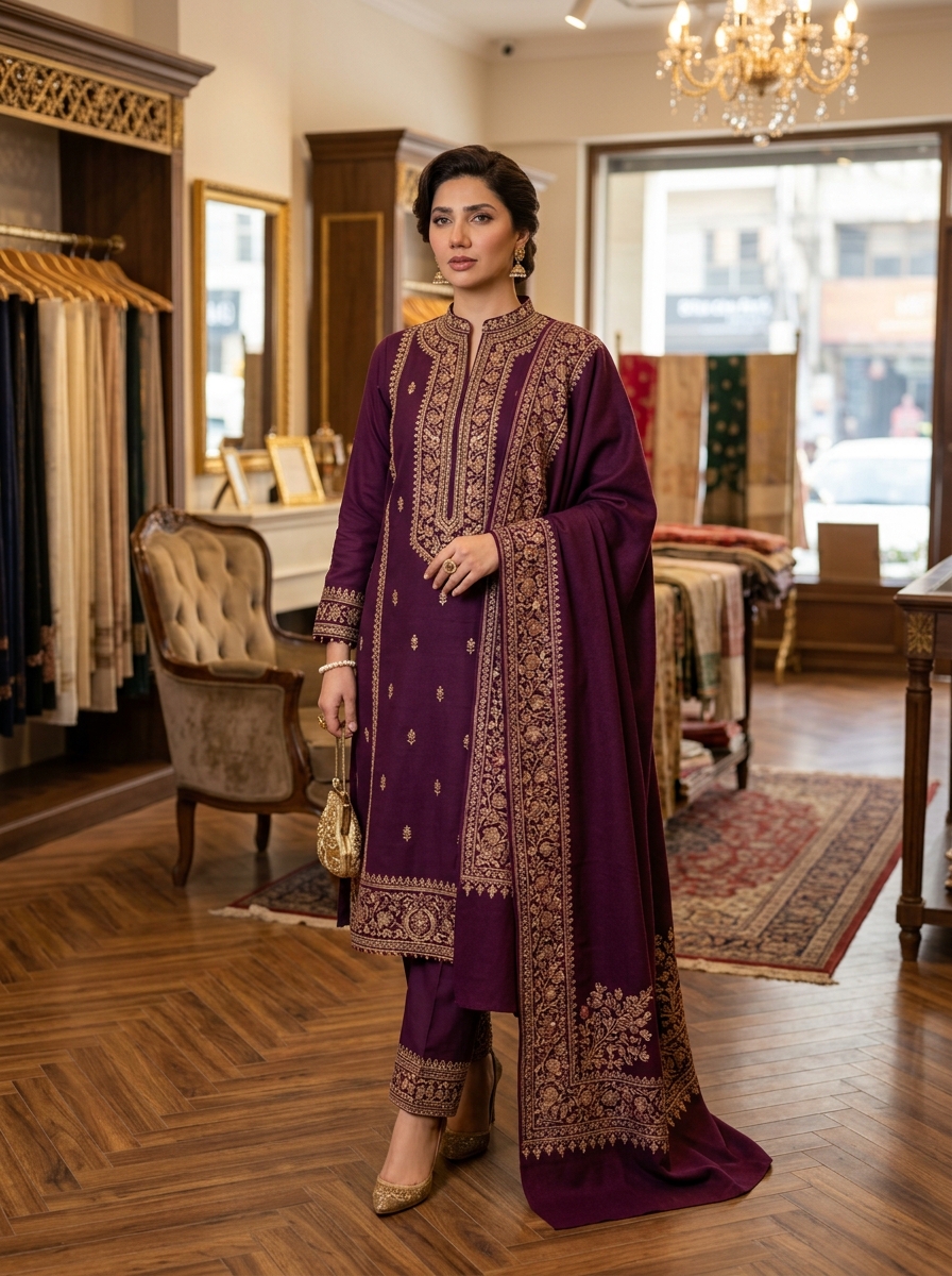 Dhanak Winter Embroidered Shalwar Kameez with Wool Shawl